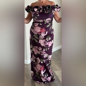 Xscape Womens Ruffled Long Evening Dress Sz 14 / Purple w pink floral design